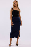 Blue Gathered Midi Skirt High Rise Bengaline Split