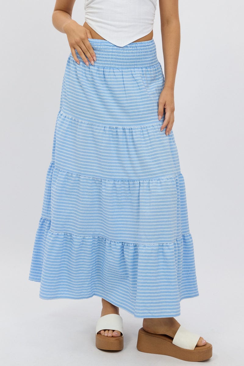 Blue Stripe Maxi Skirt Shirred Waist Tiered Relaxed