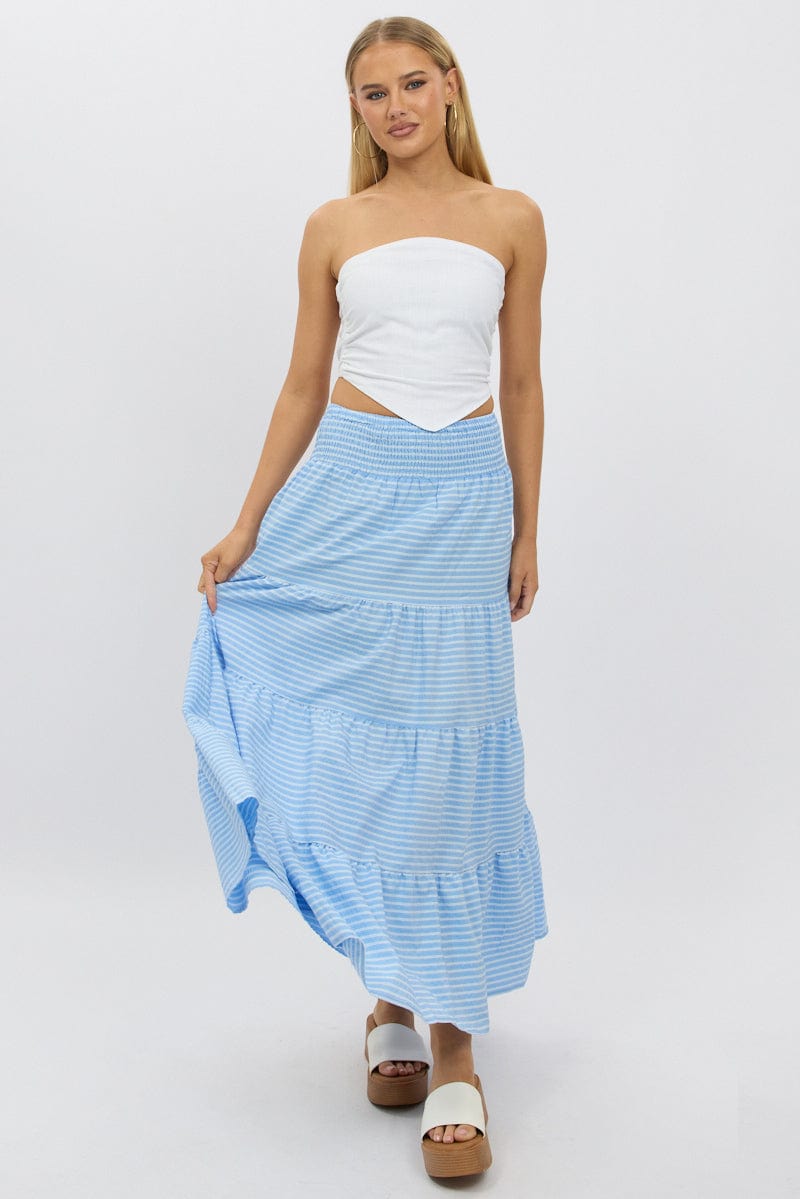 Blue Stripe Maxi Skirt Shirred Waist Tiered Relaxed