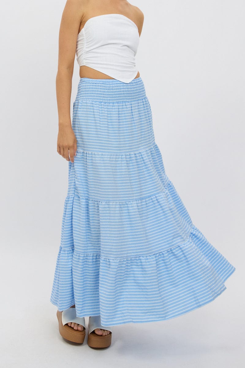 Blue Stripe Maxi Skirt Shirred Waist Tiered Relaxed