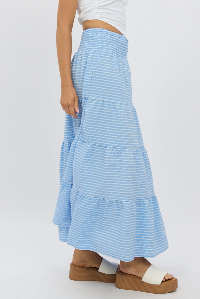 Blue Stripe Maxi Skirt Shirred Waist Tiered Relaxed