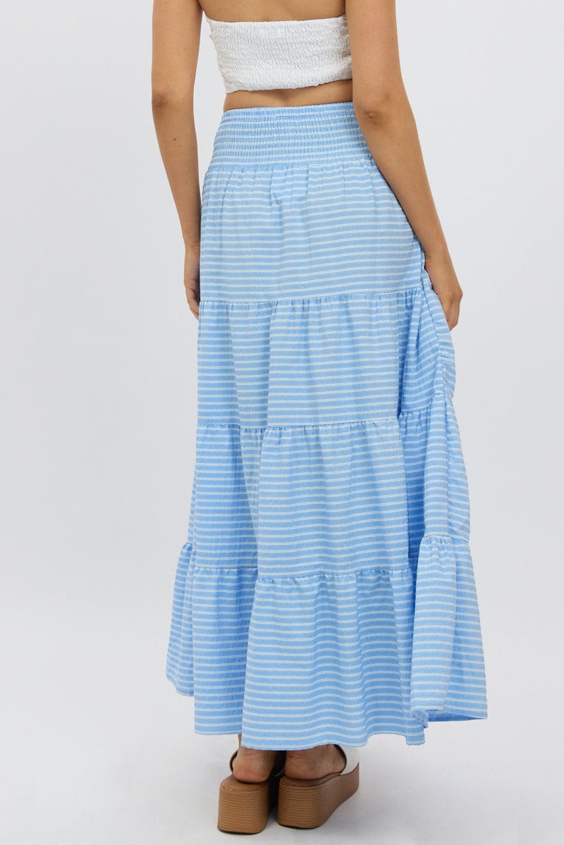 Blue Stripe Maxi Skirt Shirred Waist Tiered Relaxed