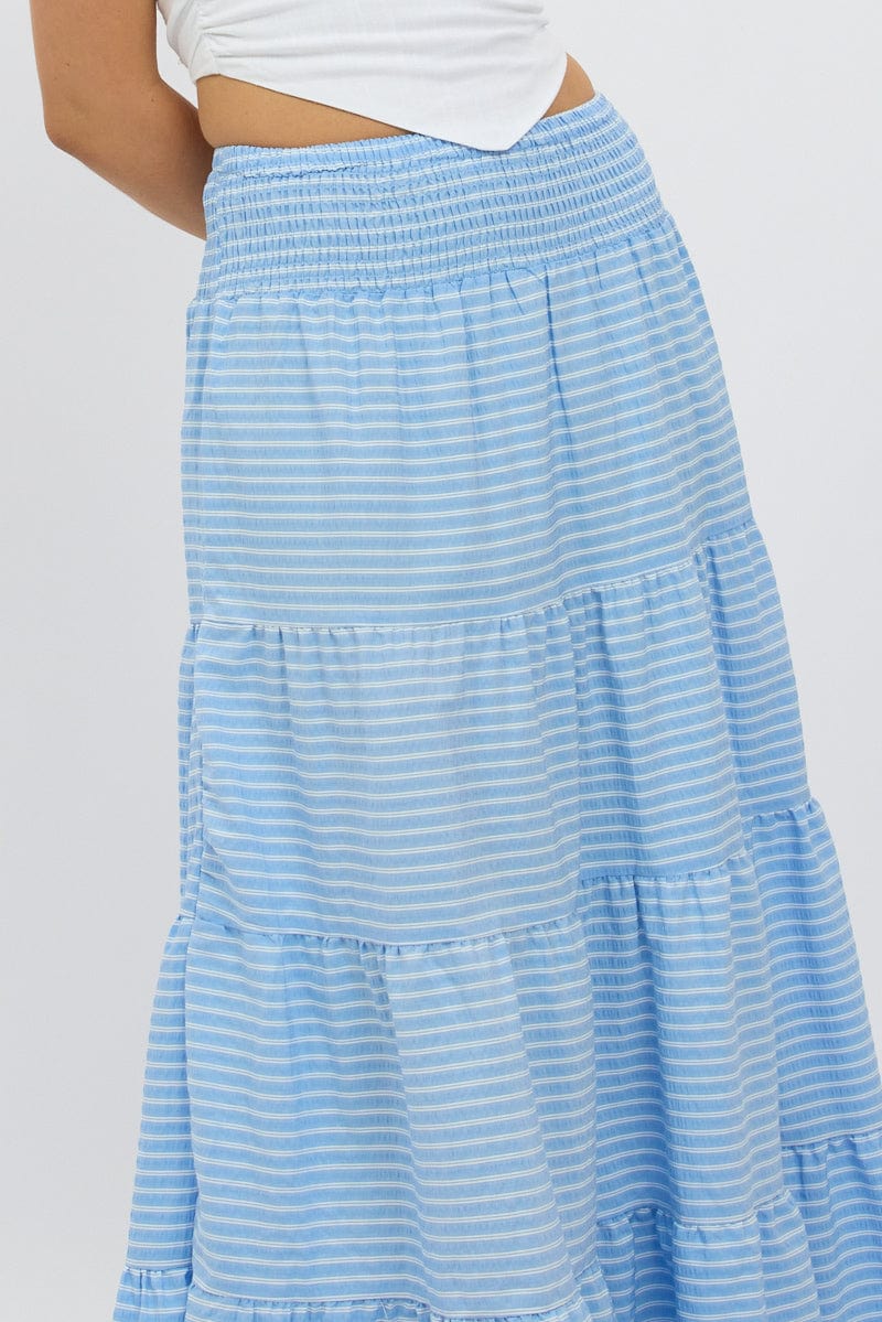 Blue Stripe Maxi Skirt Shirred Waist Tiered Relaxed