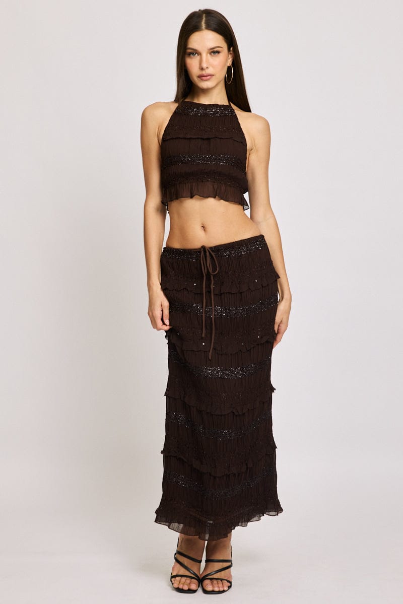 Brown Maxi Skirt Elastic Waistband Ruffle Textured