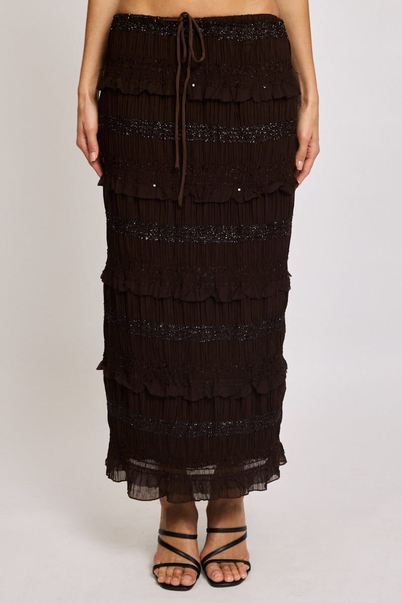 Brown Maxi Skirt Elastic Waistband Ruffle Textured