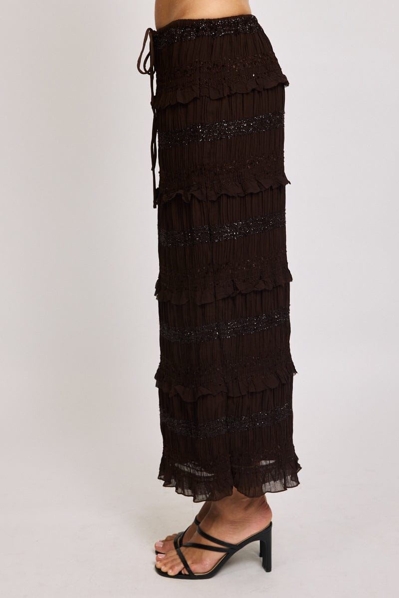 Brown Maxi Skirt Elastic Waistband Ruffle Textured