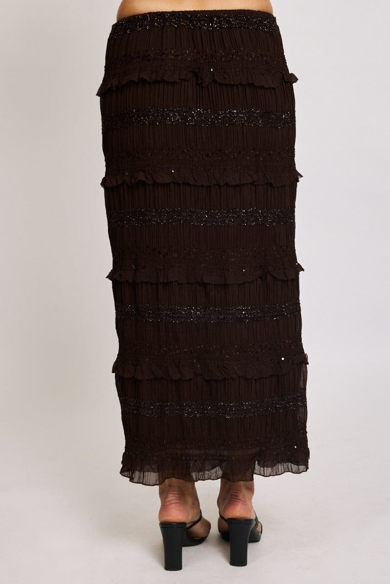 Brown Maxi Skirt Elastic Waistband Ruffle Textured