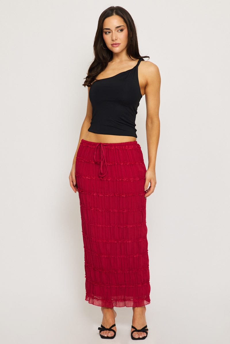 Red Textured Maxi Skirt Elastic Waist Lined
