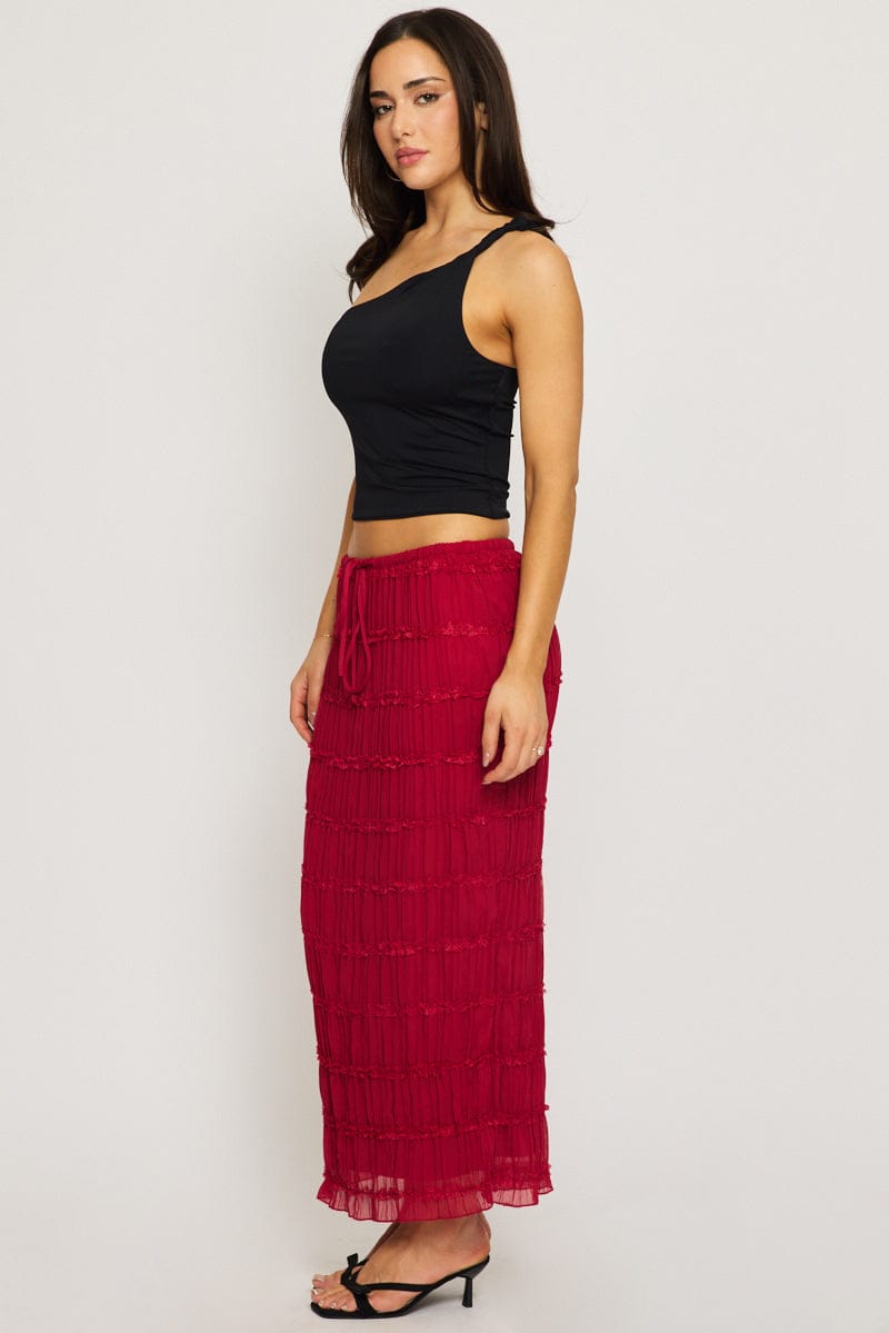 Red Textured Maxi Skirt Elastic Waist Lined