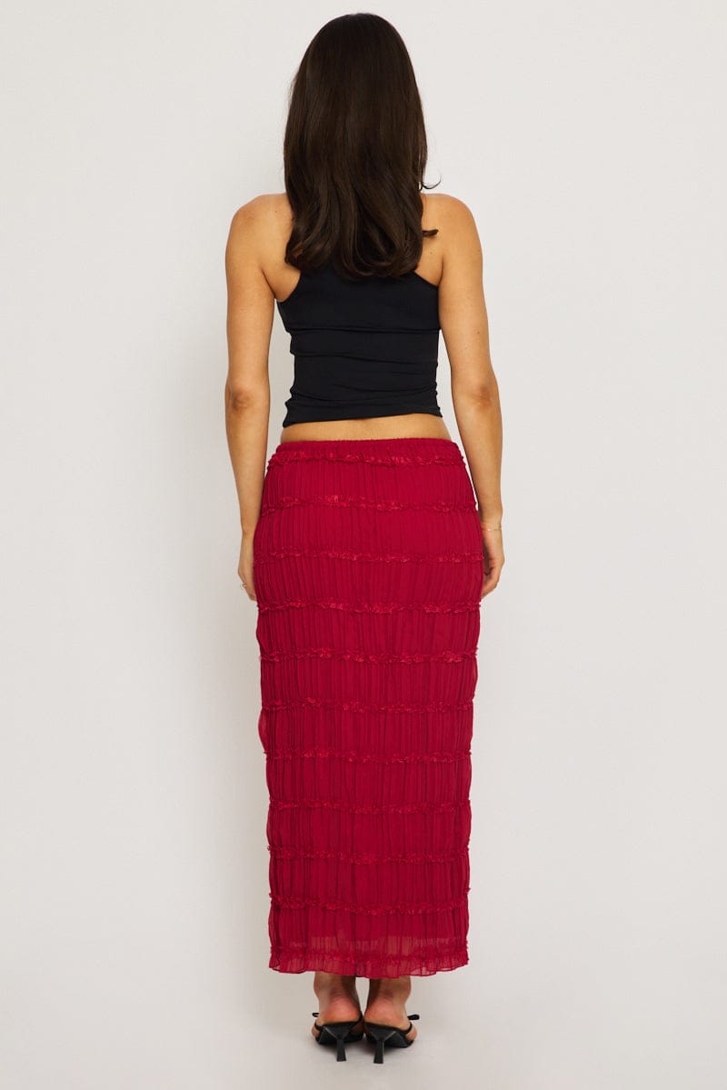 Red Textured Maxi Skirt Elastic Waist Lined