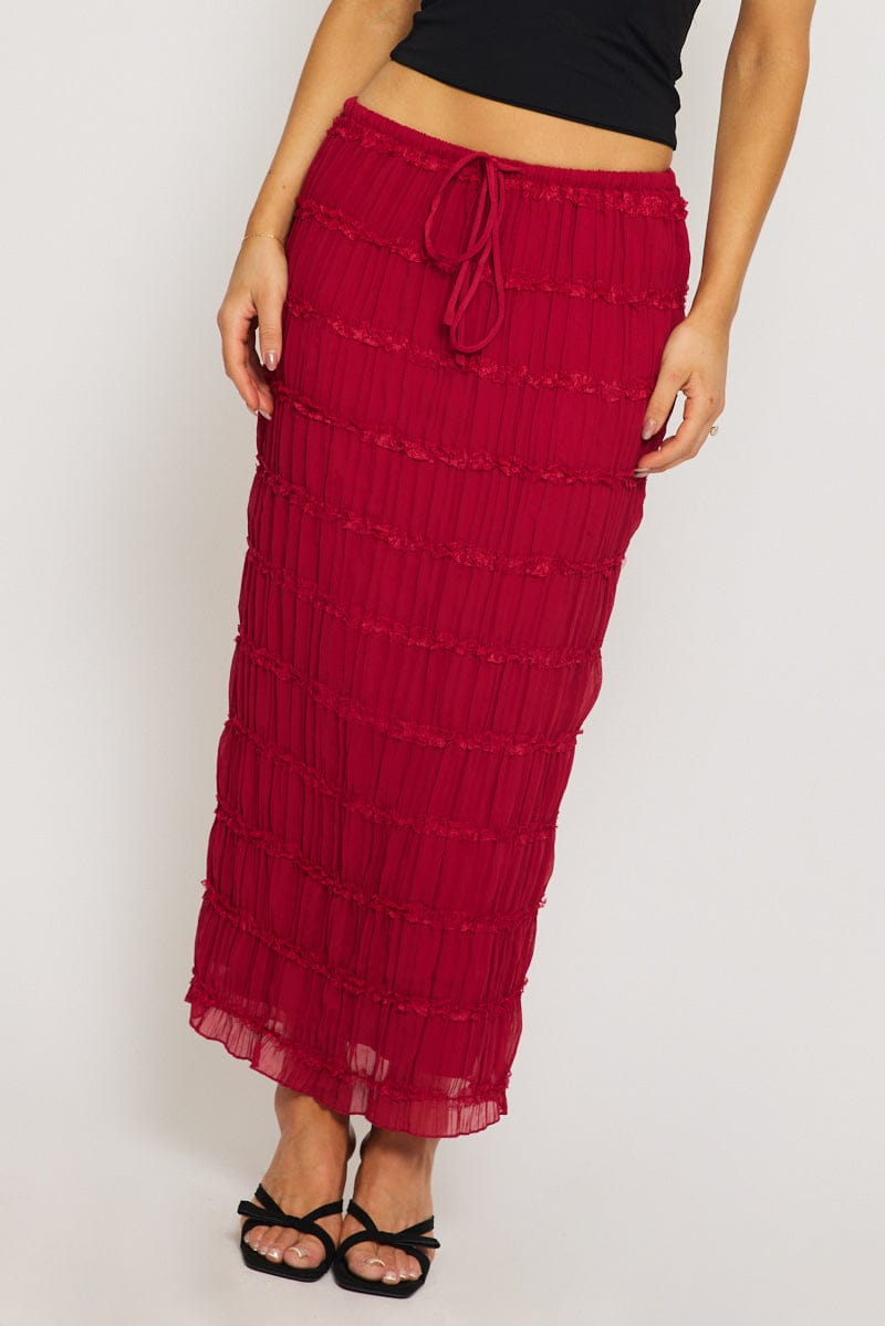 Red Textured Maxi Skirt Elastic Waist Lined