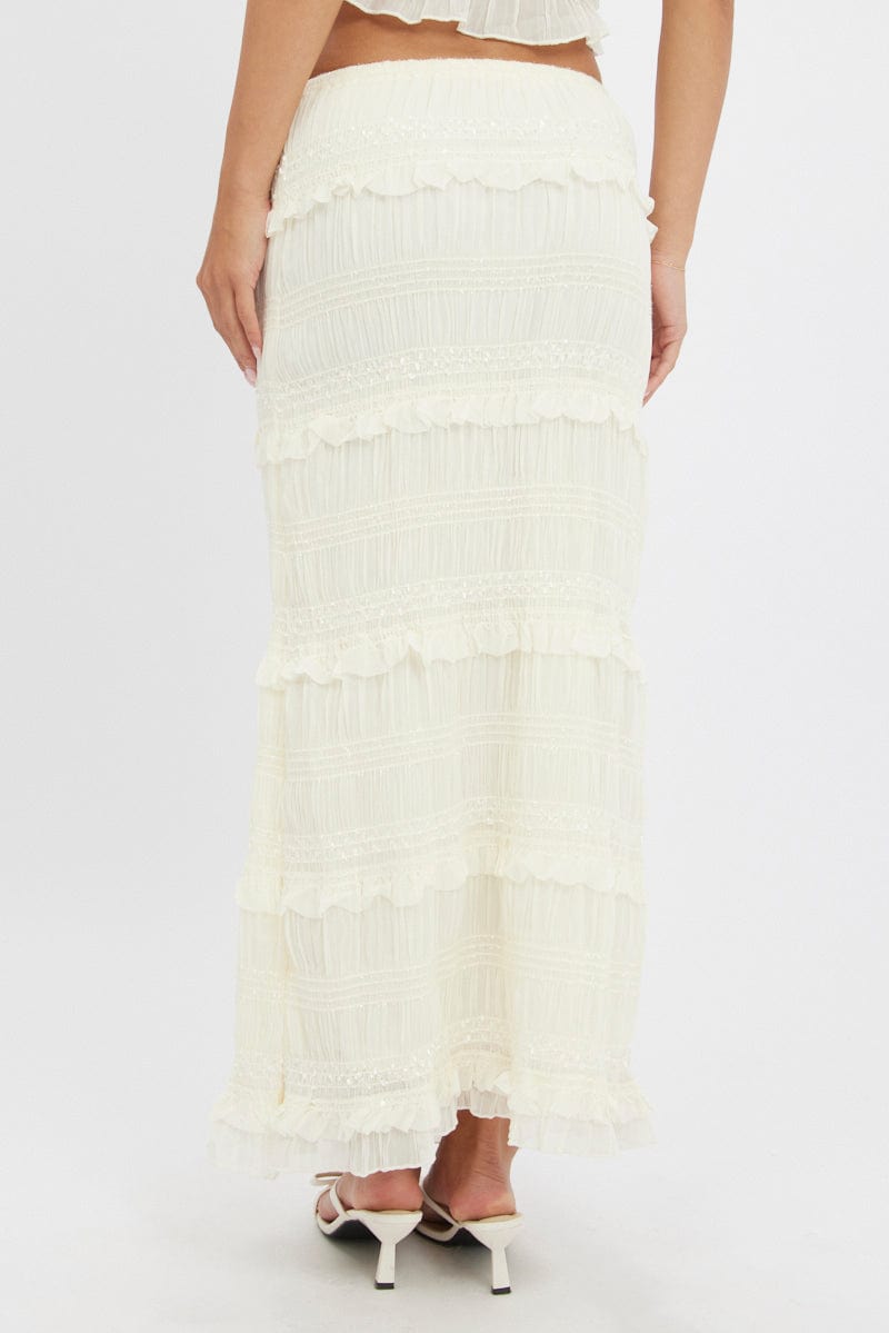 White Maxi Skirt Elastic Waistband Ruffle Textured