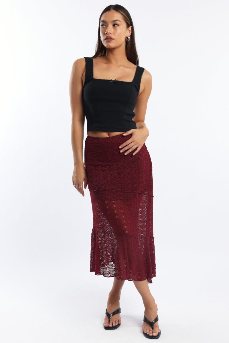 Red Lace Midi Skirt
