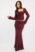 Red Floral Maxi Skirt High Waisted Panelled Burnout