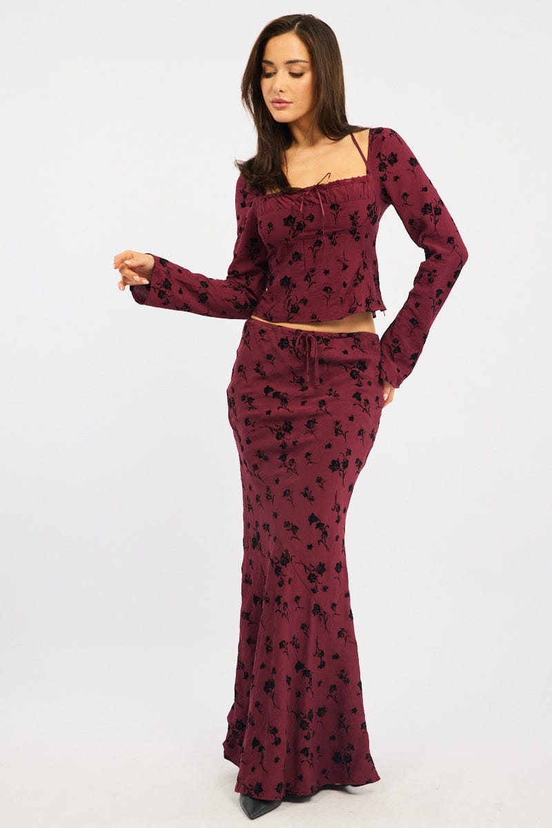 Red Floral Maxi Skirt High Waisted Panelled Burnout