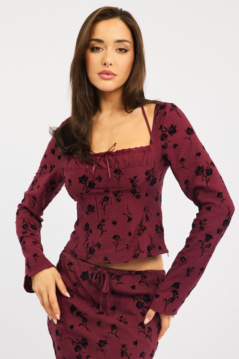 Red Floral Maxi Skirt High Waisted Panelled Burnout