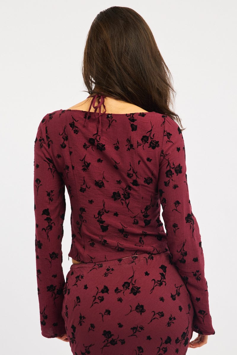 Red Floral Maxi Skirt High Waisted Panelled Burnout