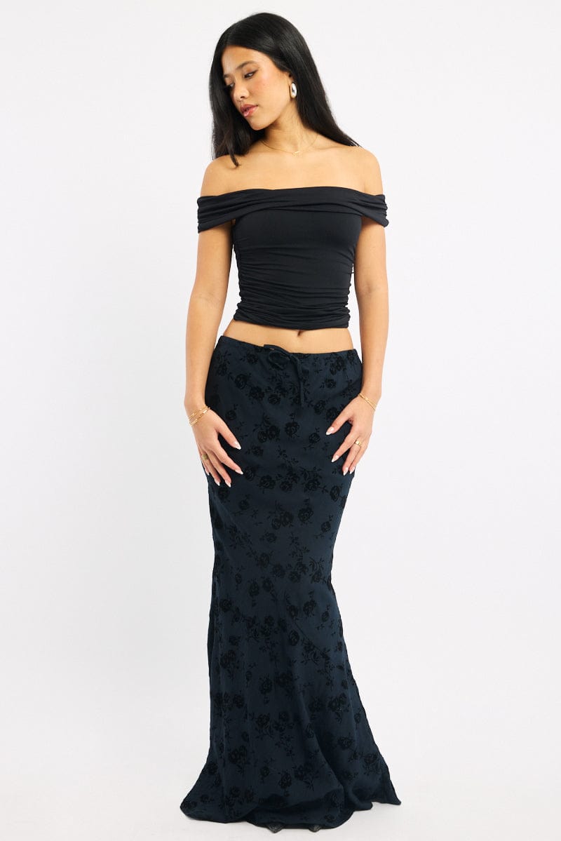 Black Floral Maxi Skirt High Waisted Panelled Burnout