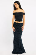 Black Floral Maxi Skirt High Waisted Panelled Burnout