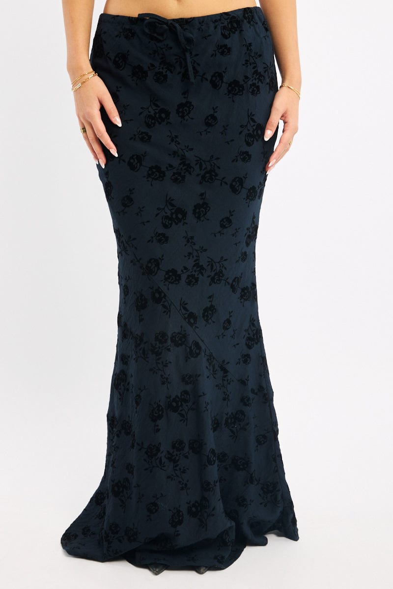 Black Floral Maxi Skirt High Waisted Panelled Burnout