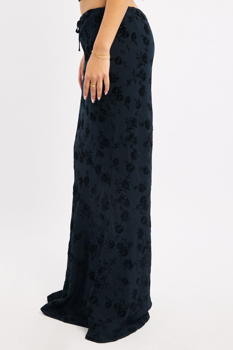 Black Floral Maxi Skirt High Waisted Panelled Burnout