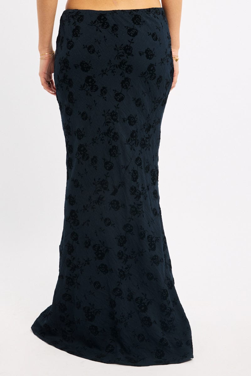 Black Floral Maxi Skirt High Waisted Panelled Burnout
