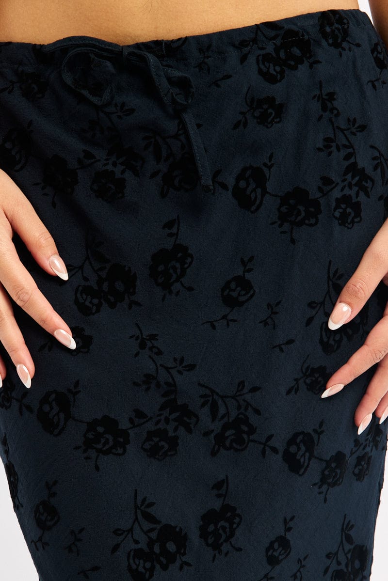 Black Floral Maxi Skirt High Waisted Panelled Burnout