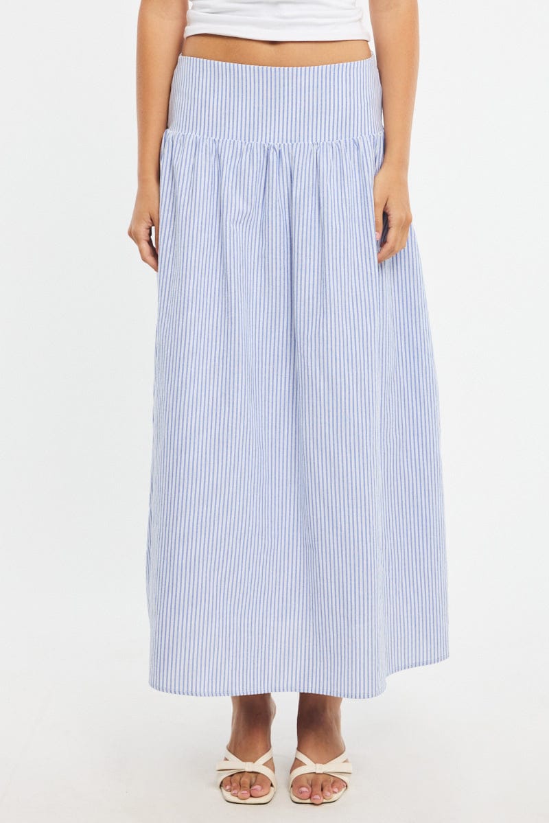 Blue Stripe Maxi Skirt Drop Waist Shirred Back