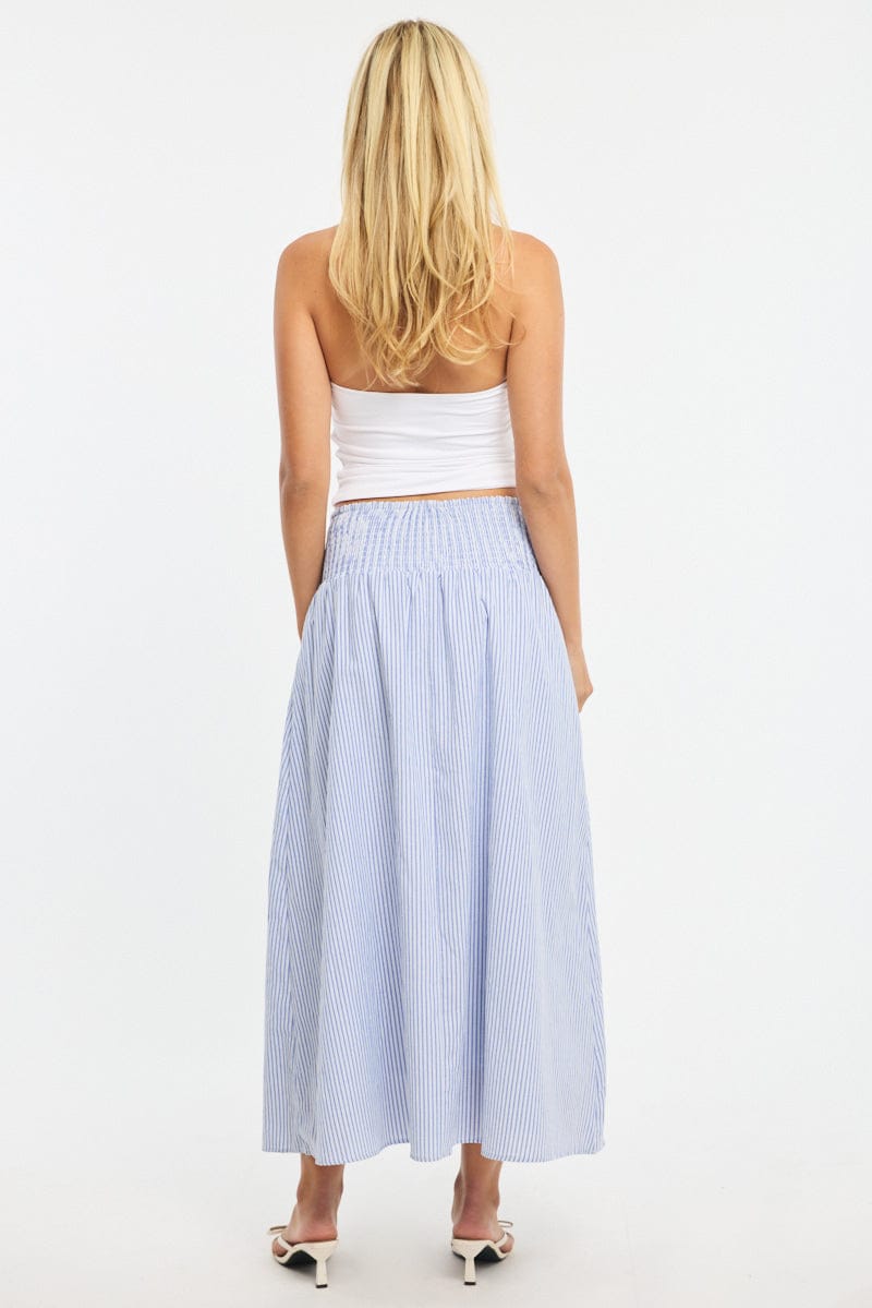 Blue Stripe Maxi Skirt Drop Waist Shirred Back