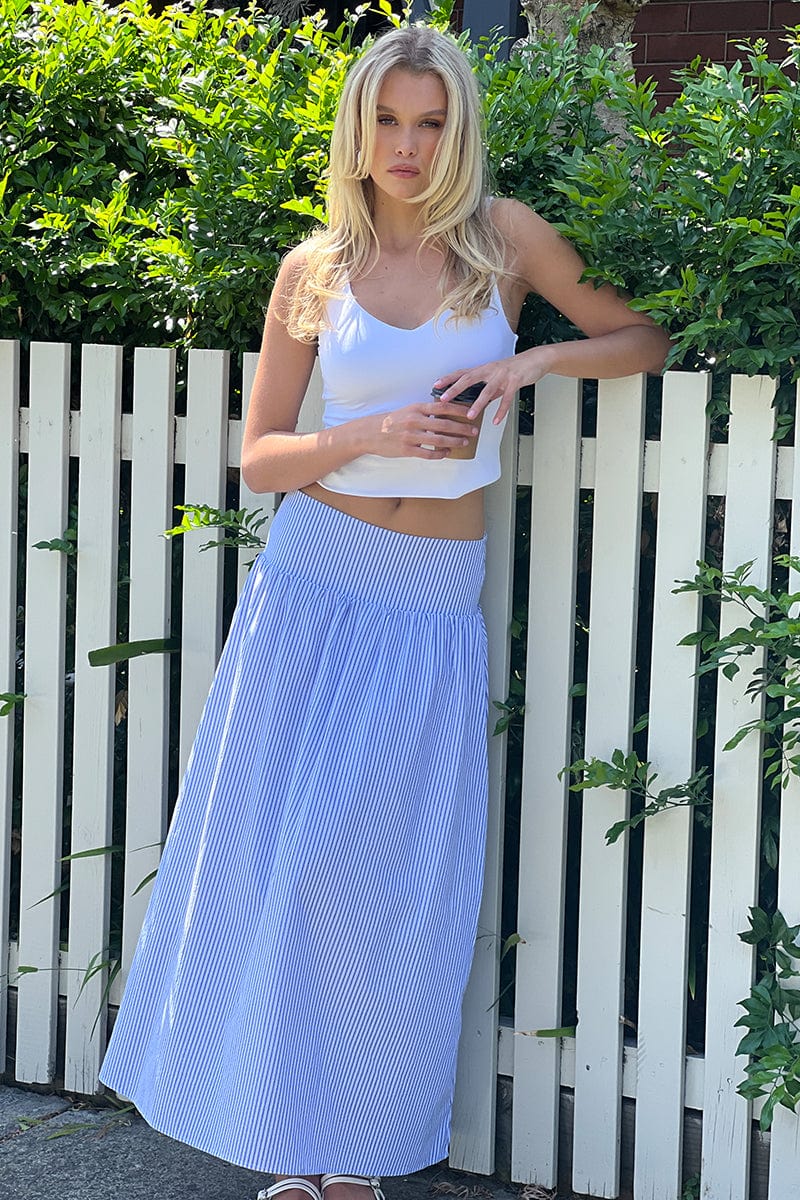 Blue Stripe Maxi Skirt Drop Waist Shirred Back