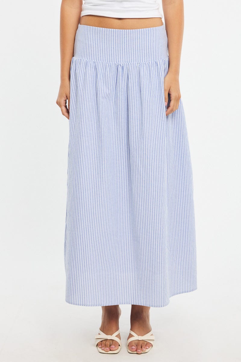 Blue Stripe Maxi Skirt Drop Waist Shirred Back