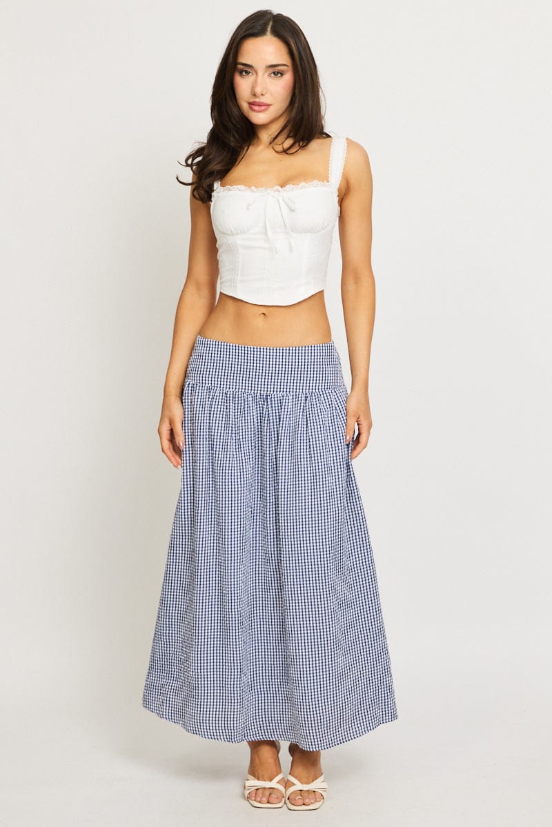 Blue Check Maxi Skirt Drop Waist Shirred Back