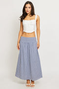 Blue Check Maxi Skirt Drop Waist Shirred Back