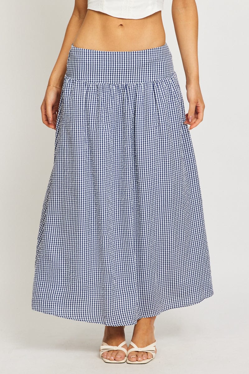 Blue Check Maxi Skirt Drop Waist Shirred Back