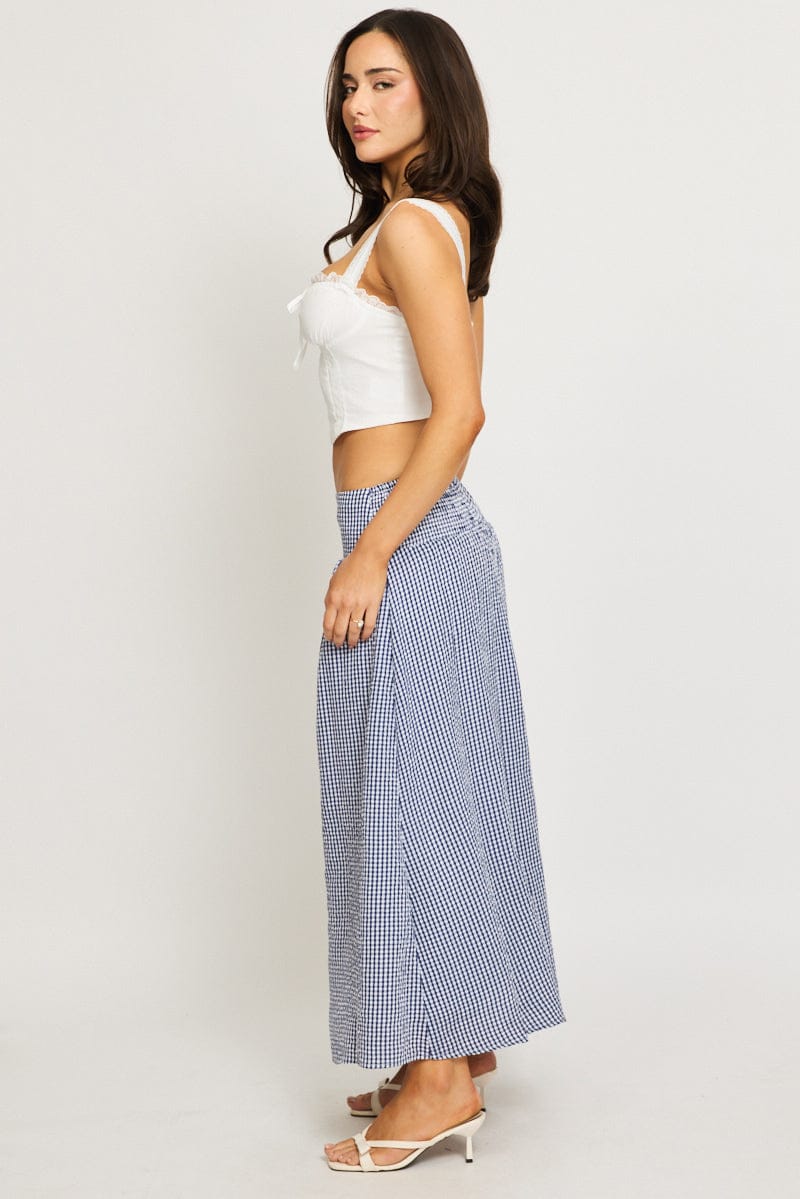 Blue Check Maxi Skirt Drop Waist Shirred Back