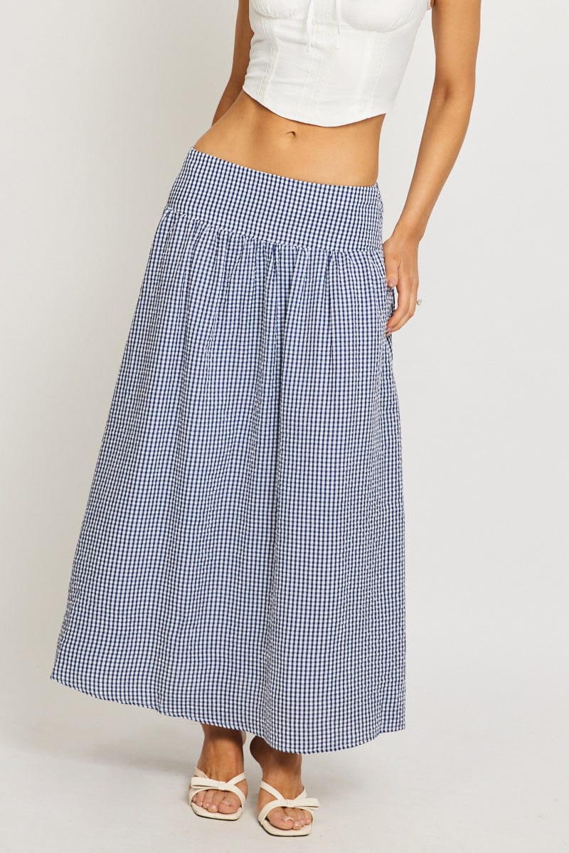 Blue Check Maxi Skirt Drop Waist Shirred Back