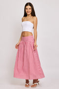Red Check Maxi Skirt Drop Waist Shirred Back