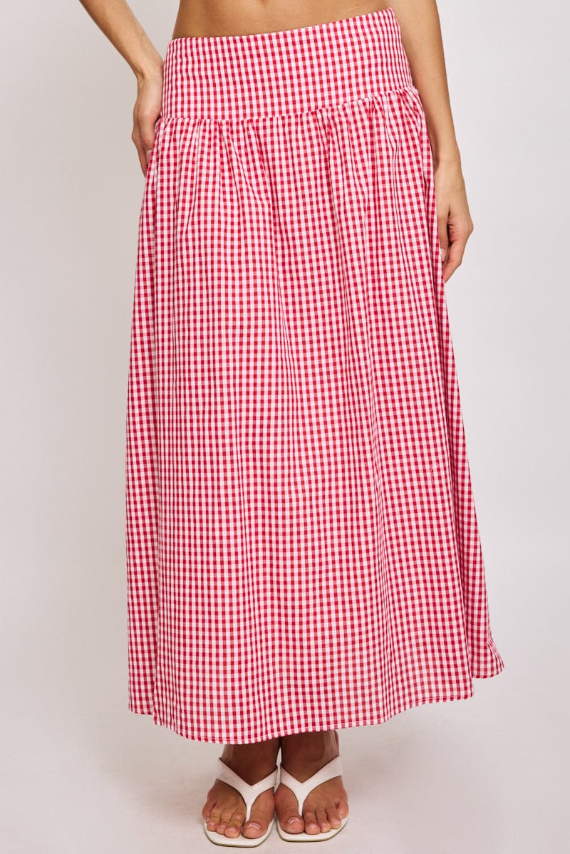 Red Check Maxi Skirt Drop Waist Shirred Back