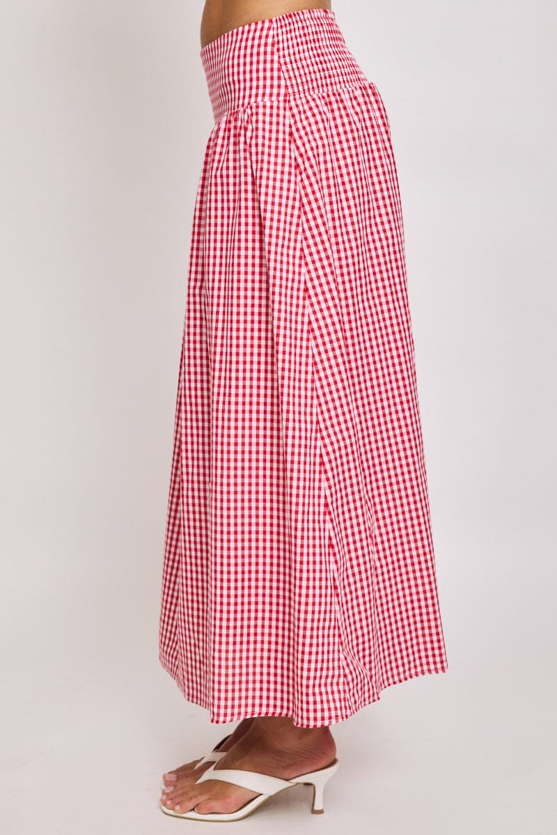 Red Check Maxi Skirt Drop Waist Shirred Back