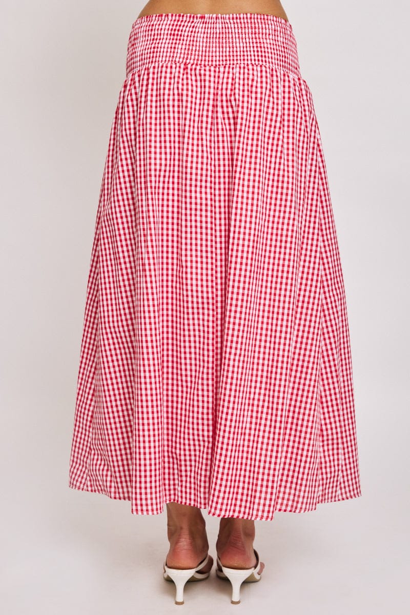 Red Check Maxi Skirt Drop Waist Shirred Back