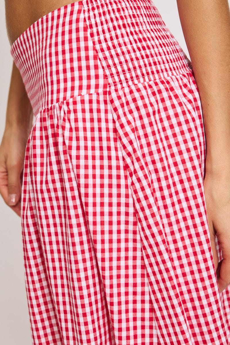 Red Check Maxi Skirt Drop Waist Shirred Back