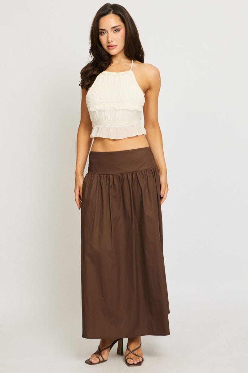 Brown Maxi Skirt Drop Waist Shirred Back