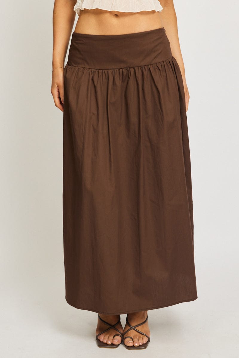 Brown Maxi Skirt Drop Waist Shirred Back