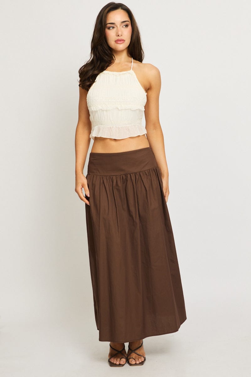 Brown Maxi Skirt Drop Waist Shirred Back
