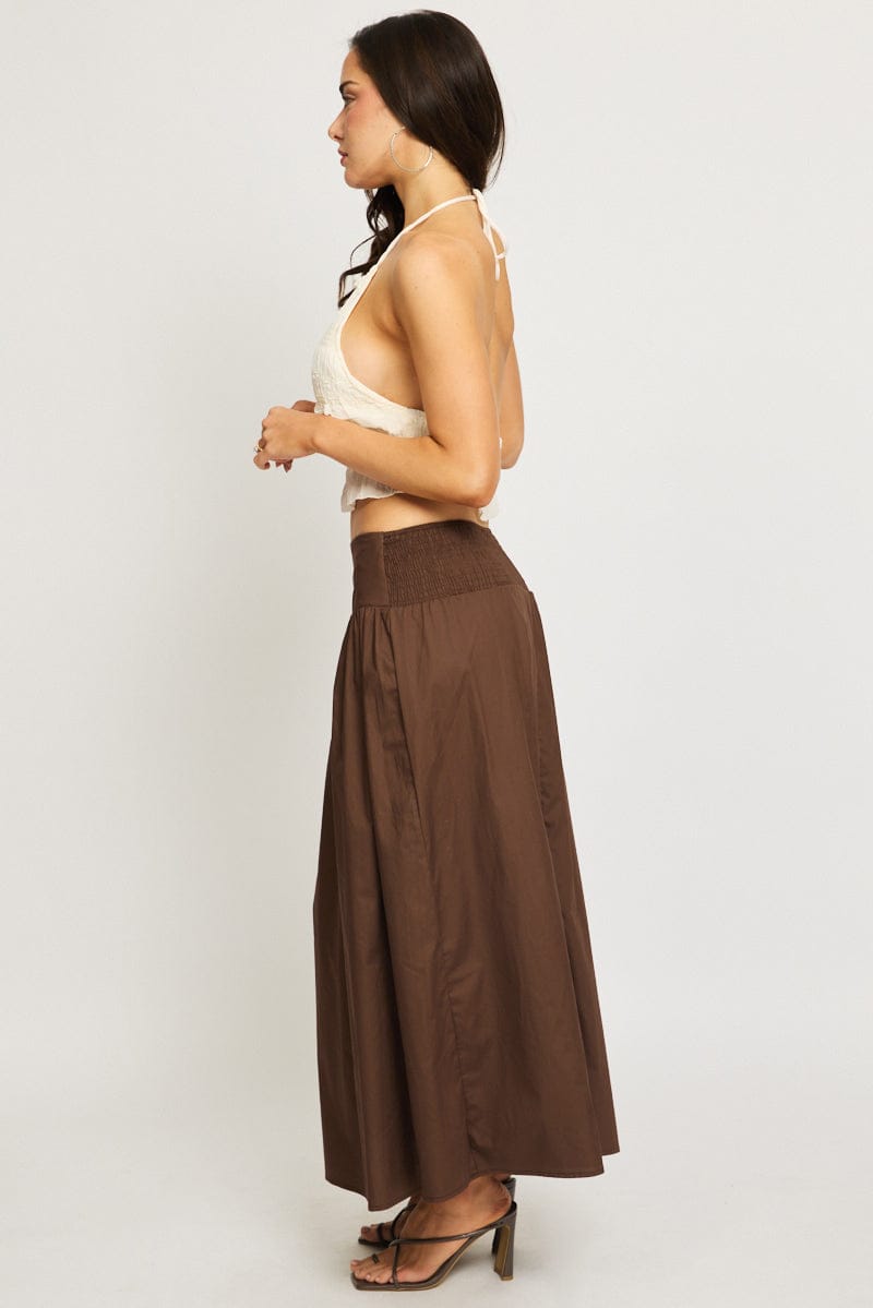 Brown Maxi Skirt Drop Waist Shirred Back