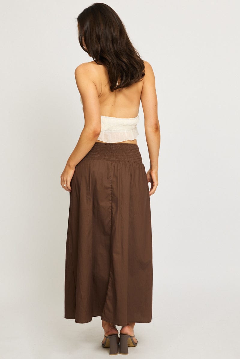 Brown Maxi Skirt Drop Waist Shirred Back