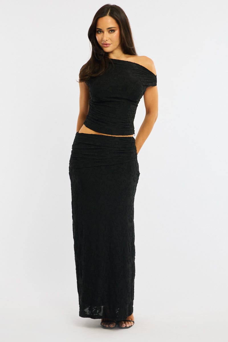 Black Maxi Skirt Textured Gathered Waist Stretch Lined
