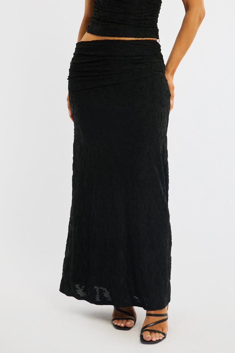 Black Maxi Skirt Textured Gathered Waist Stretch Lined