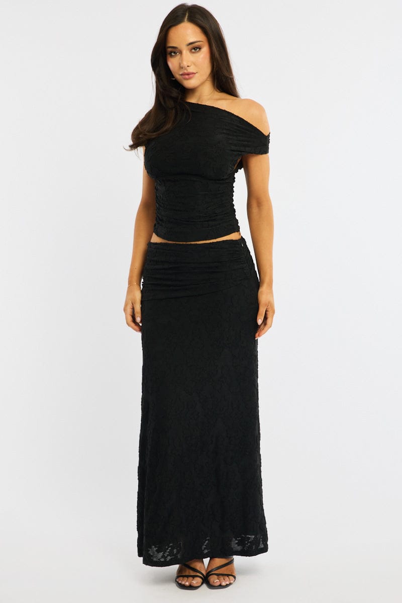 Black Maxi Skirt Textured Gathered Waist Stretch Lined