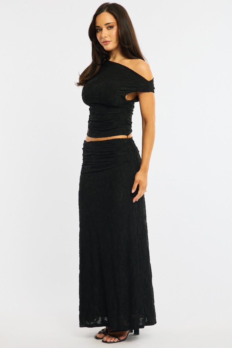 Black Maxi Skirt Textured Gathered Waist Stretch Lined